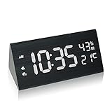 hinrey Digitaler Wecker mit Große LED Anzeige, Tischuhr Holz Dual Alarm Digital Uhr mit Luftfeuchtigkeit- und Temperaturanzeige USB Netzanschluss