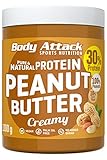 Body Attack Protein Peanut Butter, 1kg, Creamy, Vegan, Natürliche Erdnussbutter ohne Salz & Palmfett - Low Sugar Erdnussmus mit 30% Protein