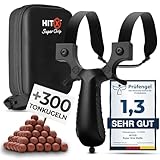 HITX® Zwille Steinschleuder Bundle Set | Super Grip Oberfläche | Slingshot Schleuder mit Gummiband | Einfache Clip-Anbindung | Sportgerät im Bundle Set mit Ersatzgummi + 300 Tonkugeln