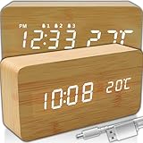 Retoo Wecker Digital Holz, LED Tischuhr mit Temperaturanzeige Klar Display Datum, Alarm für Schlafzimmer, Büro, moderner Schreibtischwecker mit USB-Kabel oder Batteriebetrieb